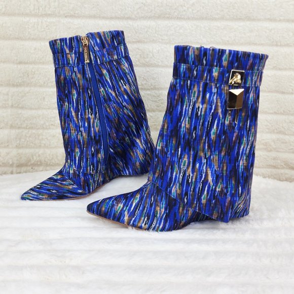 Valley Blue Multi Wedge Heel Fold Over Skirted Ankle Boots - Picture 10 of 11